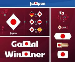 coleção gráfica do kit de mídia de design da equipe nacional do japão. Conjunto de vetores de elementos de design de campeonato mundial de futebol ou futebol de 2022. banners, cartazes, kit de mídia social, modelos, placar