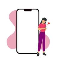 modelo de tela do iphone 14 pro ao lado de uma mulher apaixonada. vetor moderno