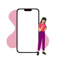 modelo de tela do iphone 14 pro ao lado de uma mulher alegre. vetor moderno