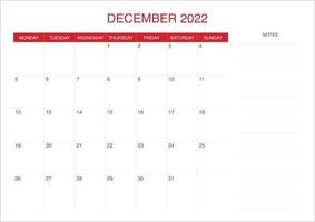 calendário dezembro 2022 com cor vermelha vetor