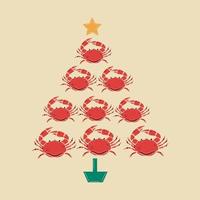 árvore de natal feita de personagem de desenho animado de caranguejos. um caranguejo bonito com decorações de natal em pé para cartão de convite de feliz natal e feliz ano novo. vetor