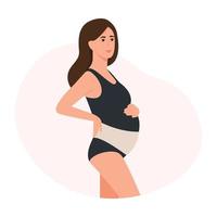 mulher grávida veste curativo na barriga. cinto de suporte abdominal ortopédico. ilustração vetorial vetor