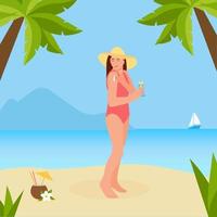 mulher de beleza de chapéu e maiô aplicar protetor solar no ombro. garota na praia com um protetor solar na mão à beira-mar na areia. o conceito de beleza e proteção da saúde da pele. vetor