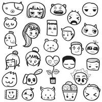 conjunto de ilustração vetorial de emoticons de esboço desenhado à mão, rosto emoji em fundo branco vetor