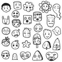 conjunto de ilustração vetorial de emoticons de esboço desenhado à mão, rosto emoji em fundo branco vetor