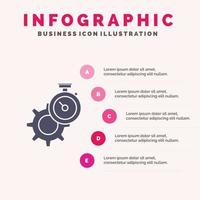 configuração de engrenagem de tempo do temporizador assistir infográficos de ícone sólido fundo de apresentação de 5 etapas vetor