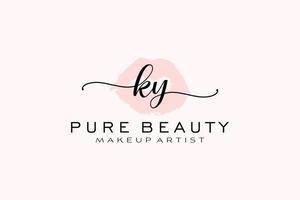 design de logotipo pré-fabricado de lábios em aquarela ky inicial, logotipo para marca de negócios de maquiador, design de logotipo de boutique de beleza blush, logotipo de caligrafia com modelo criativo. vetor