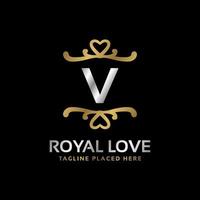 letra v design de logotipo vintage de luxo em forma de coração real para moda, hotel, casamento, restaurante, cuidados de beleza vetor
