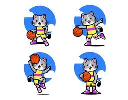 conjunto de gato fofo feliz jogando basquete vetor