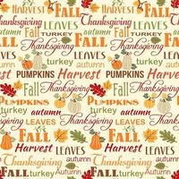 palavras de outono, ação de graças e outono com fundo marfim, folhas de bordo, abóboras e padrão vetorial sem costura bolota vetor