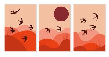 cartaz abstrato, pintura, arte com paisagem por do sol de verão e pássaros voando. ilustração vetorial de estoque. vetor