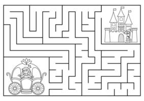 labirinto preto e branco de conto de fadas para crianças com personagens de fantasia. Atividade imprimível pré-escolar do reino mágico com carruagem, castelo. jogo de labirinto geométrico, página para colorir com princesa, príncipe vetor