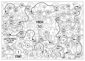 jogo de tabuleiro de dados de conto de fadas preto e branco com paisagem medieval. jogo de tabuleiro da linha do reino mágico. atividade de conto de fadas, planilha imprimível para crianças. página para colorir com cavaleiro, castelo vetor