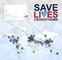 mapa-múndi com casos de coronavírus foco na micronésia, doença covid-19 na micronésia. slogan salvar vidas com bandeira da micronésia. vetor