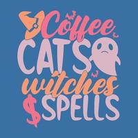 feitiços de bruxas de gatos de café, caminhão de abóbora, bruxa de halloween, camiseta tipográfica de gatos pretos de café vetor