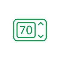 eps10 termostato eletrônico de vetor verde no ícone de linha 70c isolado no fundo branco. símbolo de contorno do termostato em um estilo moderno simples e moderno para o design do site, logotipo e aplicativo móvel