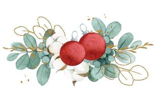 desenho em aquarela. composição de natal, um buquê de folhas de eucalipto, algodão e bolas vermelhas de natal. folhas douradas vetor