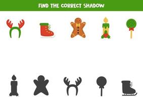 encontre as sombras corretas de elementos fofos de natal. quebra-cabeça lógico para crianças. vetor