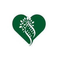 árvore de DNA e design de logotipo de vetor de forma de coração. DNA genético e ícone do coração. dna com design de logotipo de vetor de folhas verdes.