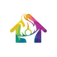 bombeiro e design de logotipo de vetor em casa. logotipo de personagem de chama vermelha. combinação de logotipo vetorial de um homem e fogo.
