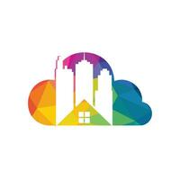 design de logotipo de vetor imobiliário em nuvem. construção e design de logotipo em nuvem. construção de logotipo imobiliário com arranha-céus.