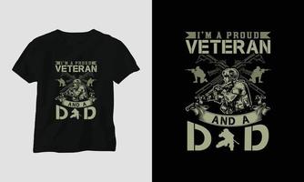 design de t-shirt do dia do veterano com o soldado, bandeira, armas e crânio. estilo vintage com efeito grunge vetor