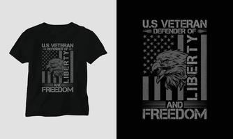 design de t-shirt do dia do veterano com o soldado, bandeira, armas e crânio. estilo vintage com efeito grunge vetor