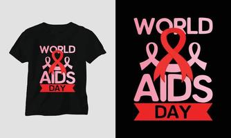 design de camiseta do dia mundial da aids com cores vermelhas e rosa e fita de sinal de aids, preservativo vetor