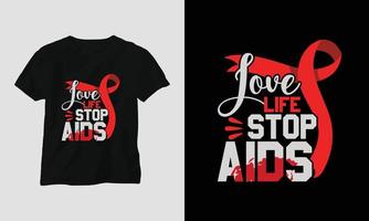 design de camiseta do dia mundial da aids com cores vermelhas e rosa e fita de sinal de aids, preservativo vetor