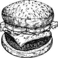 hambúrguer grande, mão de hambúrguer desenho vetorial desenho esboço estilo retrô. ilustração de hambúrguer de mão desenhada. hamburguer americano cheeseburguer vetor