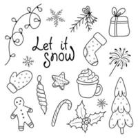 um conjunto de elementos de design de natal no estilo doodle. ilustração em vetor doodle desenhados à mão. um conjunto com inscrições, ramos de abeto, decorações, doces, caixas de presente para rótulos, cartões postais, convites.