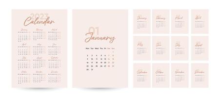 modelo de calendário mensal 2023 em estilo minimalista moderno, conceito de capa, conjunto de calendário de mesa de 12 páginas, design de planejador de calendário mínimo 2023 para modelo de impressão vetor