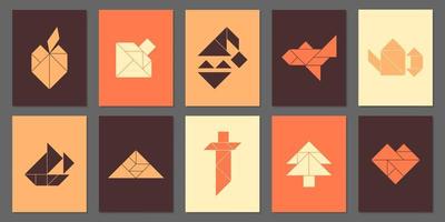cartazes geométricos com 10 objetos tangram diferentes. formas geométricas cobrem o design. quebra-cabeça para crianças. ilustração vetorial. vetor