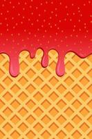 cartão de comida brilhante. panfletos de morango. doce morango realista. padrão amarelo com gotas de waffle e morango. pingando morango. cartão delicioso de comida. ilustração vetorial vetor