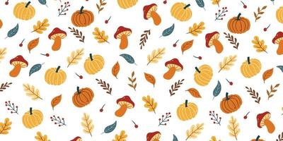 conjunto de folha fofa, vegetais e cogumelos para tema de outono em design de fundo padrão. coleção de desenhos animados simples de ilustração desenhada à mão da natureza. vetor