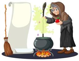 bruxa velha com caldeirão mágico e vassoura vetor