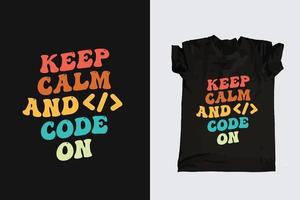 Mantenha a calma e codifique na camiseta de programação ondulada retrô vetor