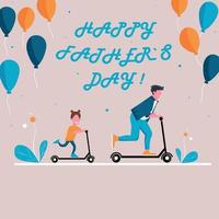 Feliz dia dos pais. filha e pai. Dia dos Pais. filha e pai andam de scooter. pôster, banner ou ilustração relacionados à família. balões de ar. vetor