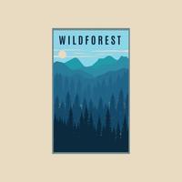 design de ilustração vetorial de pôster vintage de floresta selvagem, design de montanha de fundo vetor