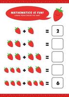 matemática de adição pré-escolar aprende modelo de atividade de planilha com ilustração de morango fofo para crianças vetor