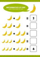 matemática de adição pré-escolar aprende modelo de atividade de planilha com ilustração de banana fofa para crianças vetor