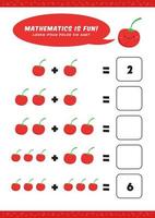 matemática de adição pré-escolar aprende modelo de atividade de planilha com ilustração de cereja fofa para crianças vetor