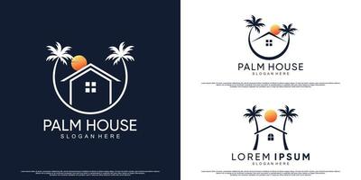 pacote plam e design de logotipo de ícone de casa com coqueiro e vetor premium de conceito moderno