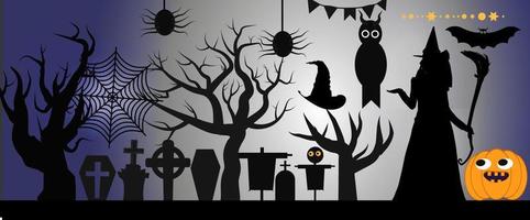 dia das bruxas todo o elemento de design. copyspace de fundo de halloween, cemitério de lápide de paisagem misteriosa, casa de bruxa dos desenhos animados, casa assombrada, abóboras coruja e cena dos desenhos animados de horor bats.spooky. vetor