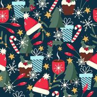 padrão de inverno sem costura colorido com caixa de presente, chapéu de Papai Noel, xícara de chocolate quente, doces, bolo de natal, flocos de neve, árvore de natal e estrelas. vetor