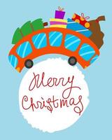 cartão de feliz natal. ônibus de natal curvo vermelho com abeto e presentes. vista lateral. vetor