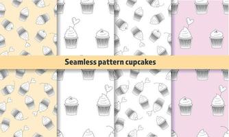conjunto de cupcakes de comida de padrões sem costura preto e branco vetor