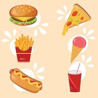 kit de comida rápida. ícones de fast-food. comida rápida. cafeteria. hambúrguer. Coca Cola. cachorro-quente. batatas fritas. pizza. vetor