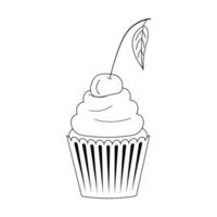 cupcake preto e branco com estilo de linha cereja e frondosa vetor