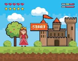 comece a cena do videogame com a princesa e o castelo vetor